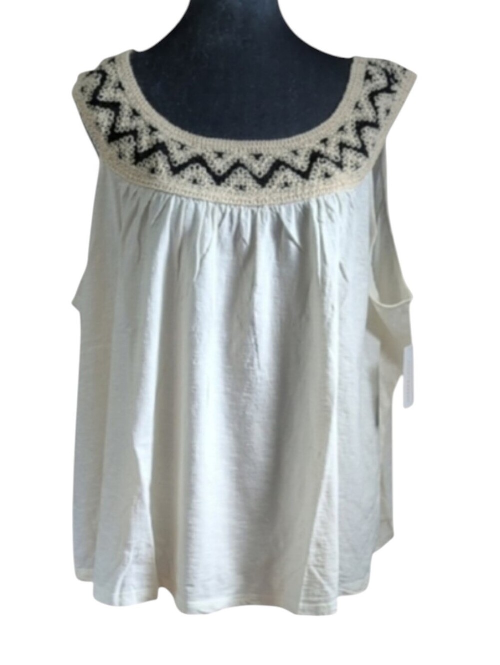 Lucky Brand Cream Colored Sleeveless Flowy Top with Black Crochet Neckline 3XL